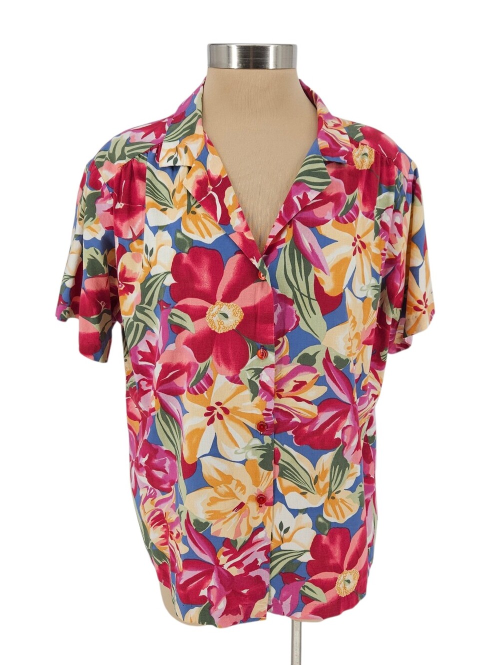 Vintage Hilo Hattie Hawaiian Shirt Pink Floral Short Sleeve Button Up Top XL